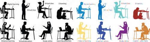 Vector silhouettes of people learning and working online with laptops and tablets, e-learning, virtual class, digital education isolated on white background