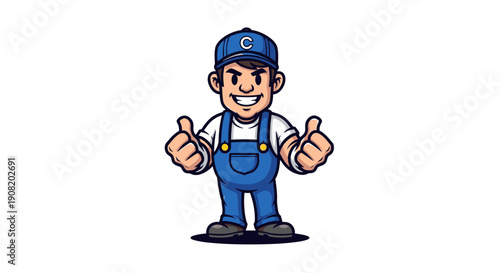 Cartoon handyman giving thumbs up approval gesture.