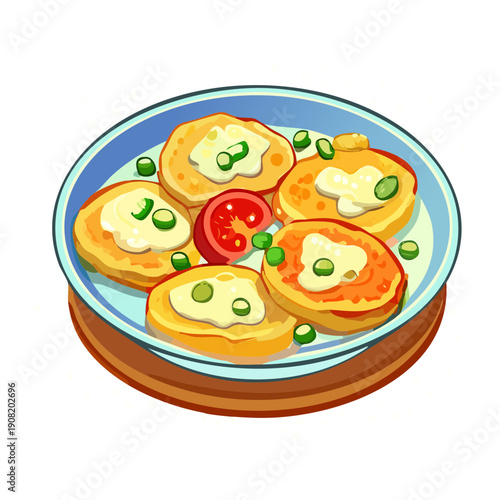 Sliced artisan bread topped with fresh tomatoes and herbs served on a blue plate - Vector Illustration