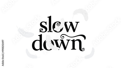 A serene typographic illustration featuring the phrase 'slow down' in decorative script, encircled by ethereal feather designs, promoting calmness