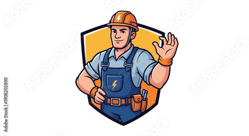 Cartoon illustration of a friendly construction worker waving.