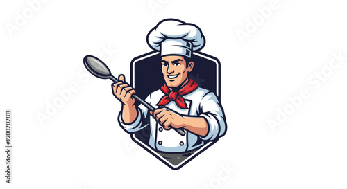 Cartoon chef character holding spoon and ladle in hands.