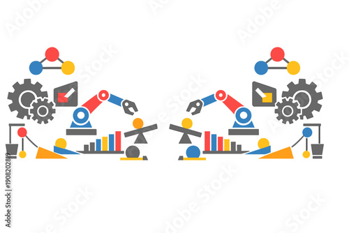 A symmetrical flat illustration featuring robotic arms, gears, bar charts, and abstract geometric shapes representing industrial automation and data analysis on a black background.