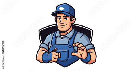 Cartoon repairman in blue overalls and cap gesturing.