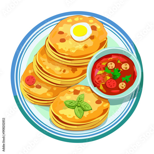 Stack of golden potato pancakes served with spicy tomato salsa on a blue plate - Vector Illustration