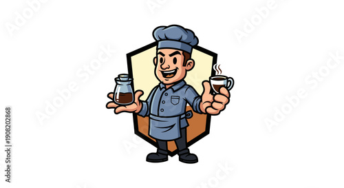 Cartoon barista holding coffee and coffee beans in a hexagonal frame.