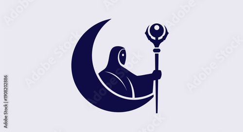 Mystical figure with crescent moon and staff
