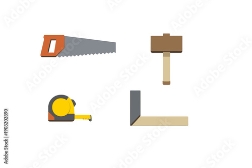 A collection of four essential woodworking tools including a hand saw, a wooden mallet, a yellow tape measure, and a try square, presented in a flat illustration style on a black background.