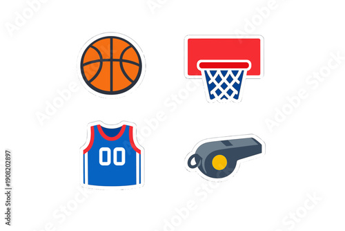 A collection of four basketball-themed icons including an orange ball, a red backboard with a hoop, a blue jersey with the number zero zero, and a grey whistle on a black background.