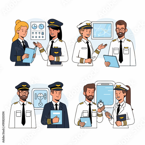Professional male and female airline pilots working and discussing flight operations in cockpit scenes, illustrated set.