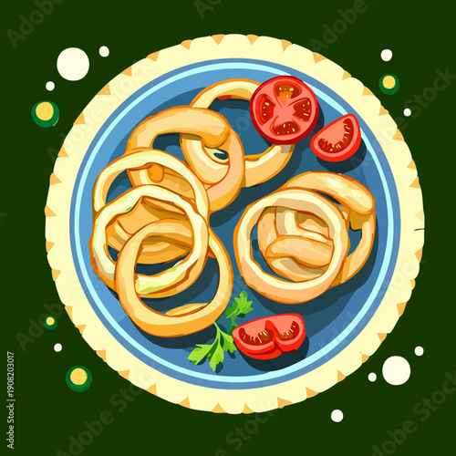 Large platter of golden crispy onion rings with fresh tomato and herb garnish on plate - Vector Illustration