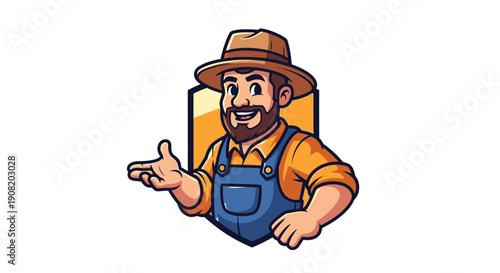 Cartoon gardener character with a friendly gesture and gardening tools.
