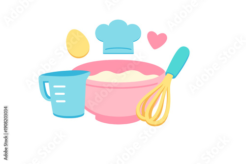 A colorful illustration featuring a pink mixing bowl, a blue measuring cup, a yellow whisk, a chef hat, an egg, and a heart, representing baking and cooking activities on a black background.