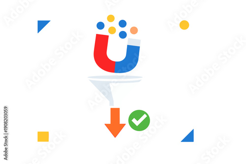 A flat vector illustration showing a magnet attracting colorful circles into a funnel, resulting in a successful conversion represented by an arrow and a green checkmark.