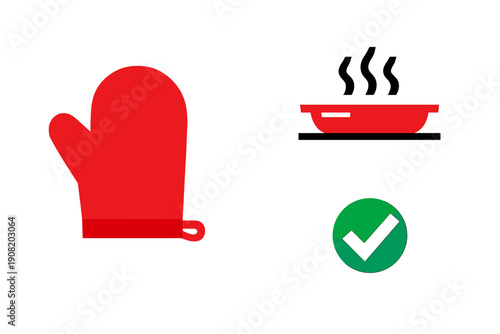 A red oven mitt is shown next to a steaming hot dish and a green checkmark icon on a black background, illustrating kitchen safety and proper handling of hot cookware.