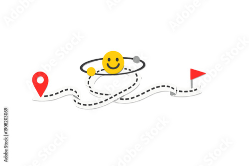 This digital illustration features a winding path with a red location pin at the start and a red flag at the end. A smiling yellow face with orbiting spheres sits in the middle.