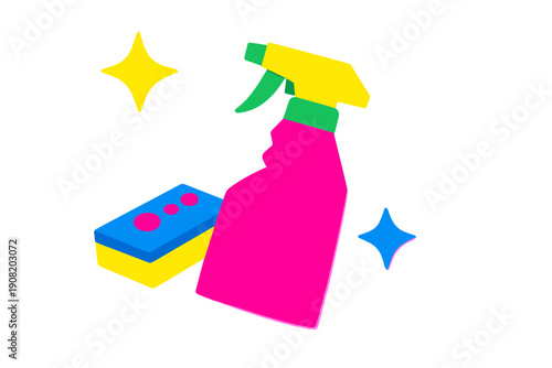 A vibrant illustration featuring a pink spray bottle, a blue and yellow sponge with pink spots, and sparkling stars against a black background, representing cleaning and hygiene.