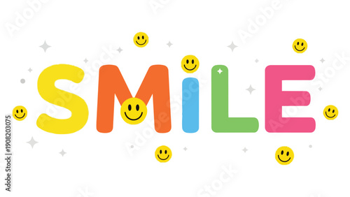 A vibrant and uplifting graphic featuring the word 'SMILE' in playful, multi-colored chunky typography, surrounded by cheerful yellow emoji faces