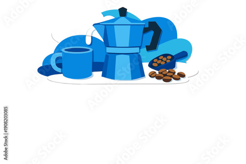 A blue moka pot stands next to a matching mug and a scoop of roasted coffee beans in this stylized flat illustration. The scene is set against a background of blue and white clouds.