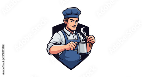 Cartoon barista holding a steaming coffee mug.