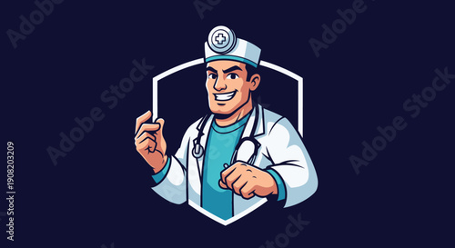 Cartoon doctor character illustration with stethoscope and white coat.