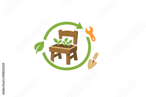 A vector illustration of a wooden chair repurposed as a planter with green sprouts, surrounded by a recycling arrow, a leaf, a wrench, and a trowel on a black background.
