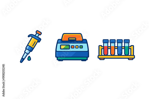 A set of three colorful laboratory icons featuring a micropipette with a drop, a scientific machine, and a rack of test tubes filled with various liquids on a black background.