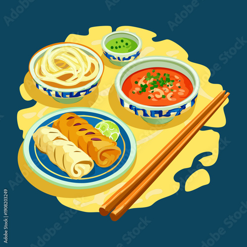 Crispy spring rolls served with noodles and spicy dipping sauces on a blue platter tray - Vector Illustration