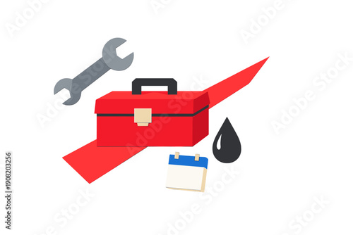 This 3D graphic shows a red toolbox, a wrench, an oil drop, and a calendar next to an upward-pointing red arrow, representing scheduled maintenance and repair services.