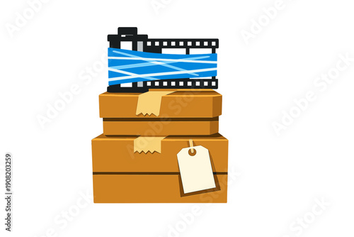 This illustration features a stack of two brown cardboard boxes with a black film strip and a blue spool on top. A white tag hangs from the bottom box against a black background.