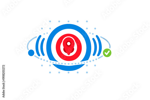 A stylized graphic featuring a red location pin inside a concentric target with blue signal waves, a green checkmark, and a dotted orbital path on a black background.