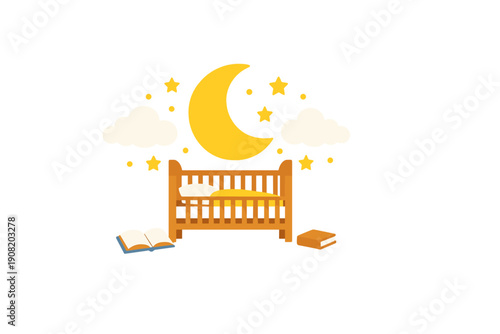 A flat vector illustration of a wooden baby crib with a pillow and blanket under a large yellow crescent moon, stars, and white clouds. Two books lie on the floor beside the cot.