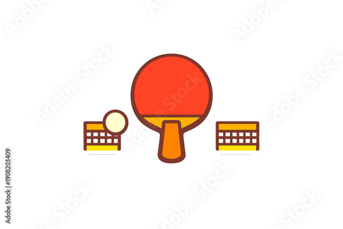 A cartoon illustration of a red ping pong paddle with a white ball and a net. The graphic features thick outlines and a flat design style against a solid black background.