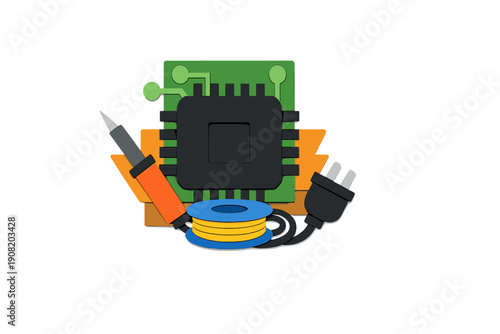 A 3D illustration of electronic components including a green circuit board with a microchip, a soldering iron, a spool of solder wire, and a power plug on a black background.