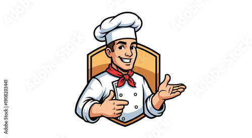 Cartoon chef character giving a thumbs up and presenting.