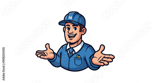 Cartoon illustration of a smiling male worker gesturing welcomingly.