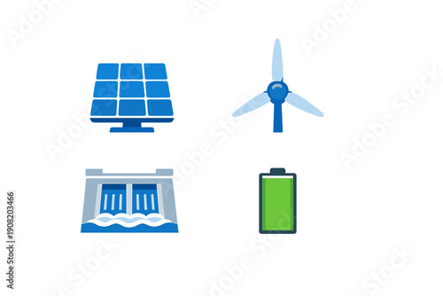 A collection of four minimalist icons representing sustainable energy technologies: a solar panel, a wind turbine, a hydroelectric dam, and a green battery for energy storage.