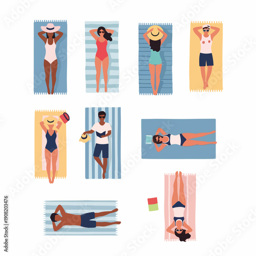 Summer vacation concept: Diverse people sunbathing and relaxing on beach towels, viewed from above.
