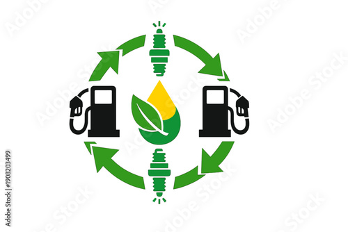 This graphic illustration features a circular cycle of green arrows connecting spark plugs and gas pumps around a central drop with a leaf, symbolizing renewable biofuel.