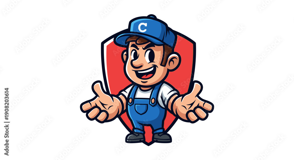 Fototapeta premium Cartoon handyman wearing blue overalls and cap standing in front of a red shield.