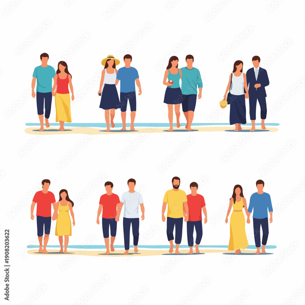 Obraz premium Set of vector illustrations showing diverse couples and pairs walking barefoot on the beach during vacation or summer leisure activities.