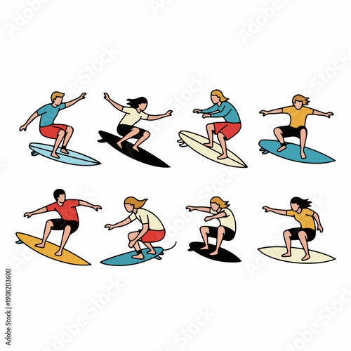 A collection of eight colorful, retro-style vector illustrations depicting men and women riding waves on surfboards, representing summer surf culture and water sports activity icons.