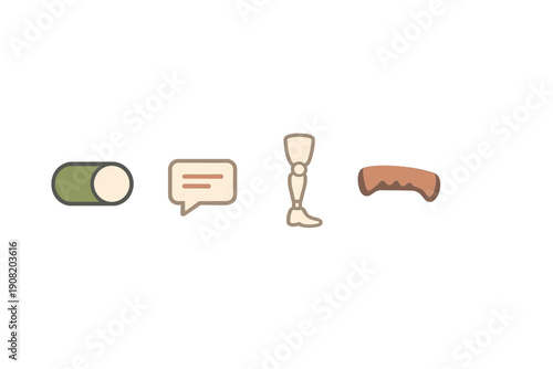 A collection of four minimalist icons featuring a green cylinder, a speech bubble, a prosthetic leg, and a brown curved handle, all set against a solid black background.