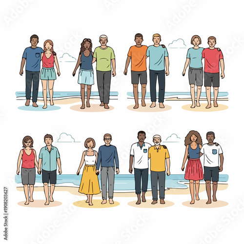 Diverse couples and friends walking on the beach, showing various relationships and ages in a friendly cartoon illustration.
