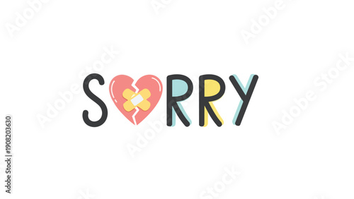 A compelling visual graphic articulating the sentiment of 'SORRY', creatively utilizing a visibly fractured pink heart, mended thoughtfully with a