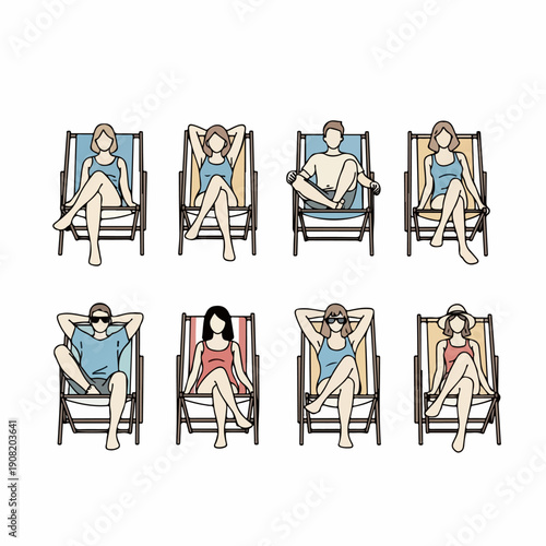 Outline illustration set of diverse people relaxing in deck chairs, enjoying summer holidays and beach leisure on a white background.