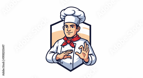 Cartoon chef holding a pizza in a shield emblem.