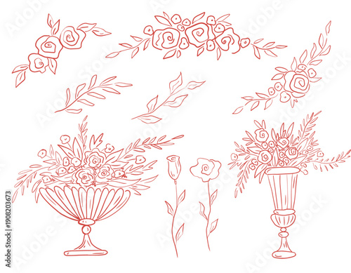 Rococo aesthetics. Hand drawn whimsy line art clip art with flower arrangements, bouquets in Rococo vases. Charming red graphics set of illustration.