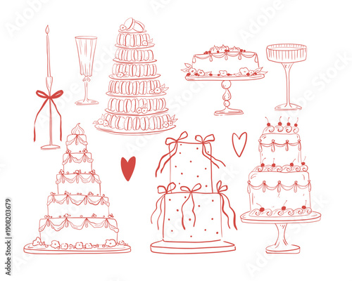 Rococo aesthetics. Hand drawn whimsy line art clip art with vintage cakes, macaroon dish, candleholder with bows, champagne glass. Charming red graphics set of illustration