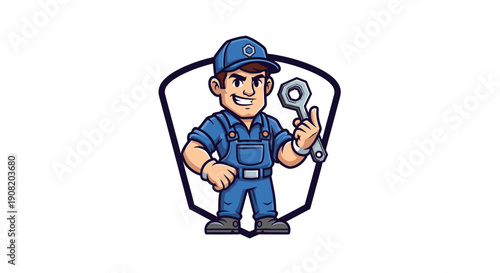 Cartoon mechanic character holding a wrench in blue uniform.